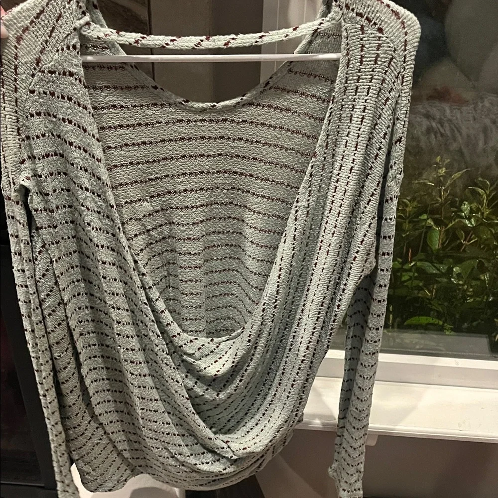 Free People Gray Striped Drape Back Long Sleeve Top